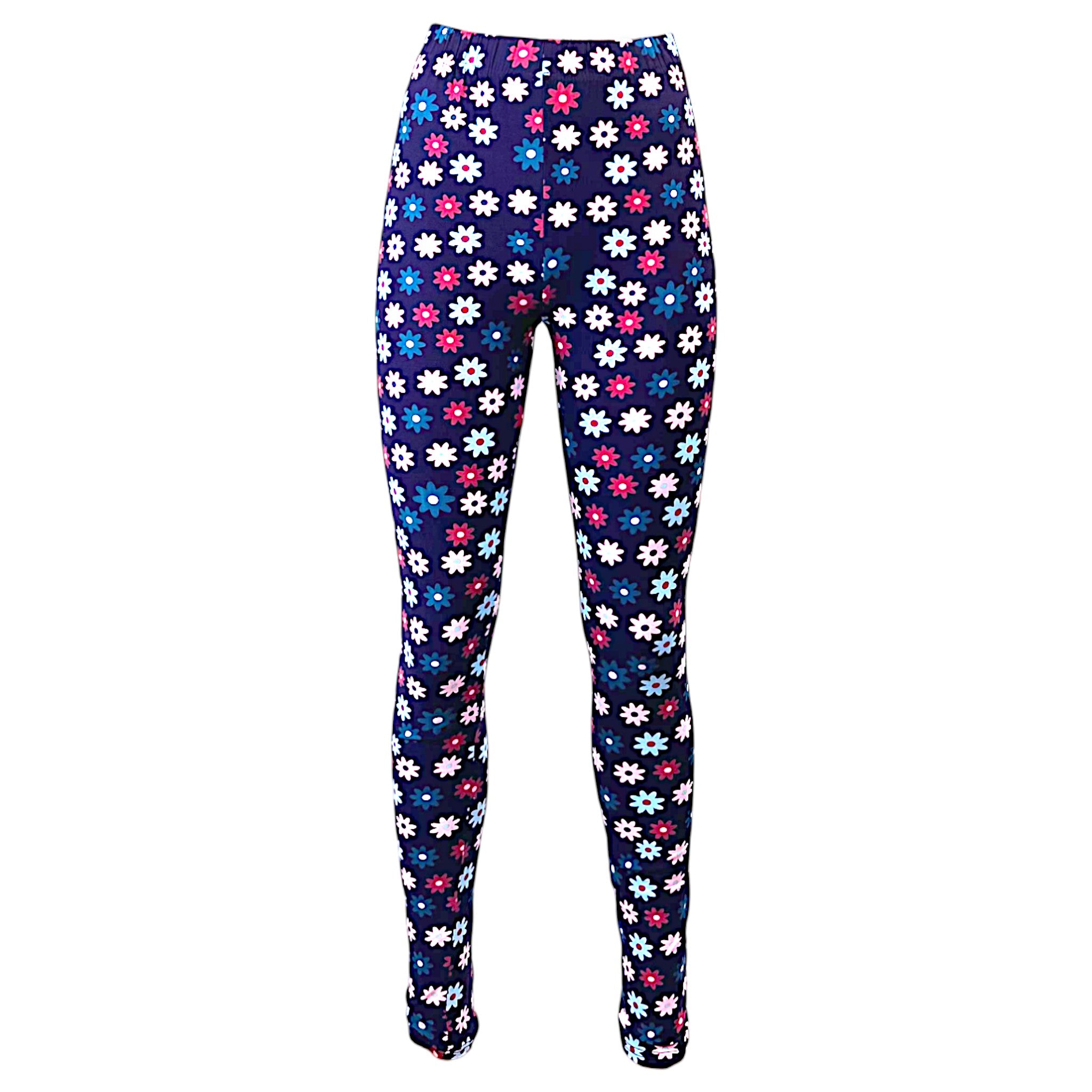 Women's purple floral print leggings with pink, white, and blue daisy pattern.